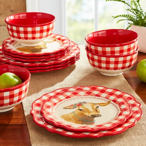 ❤️ New Pioneer Woman Red Gingham 12-Piece Dinnerware Set - Picture 8 of 8